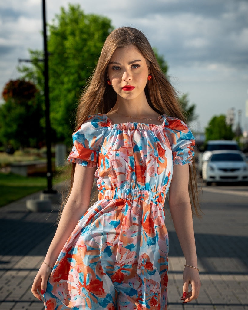 Blue and Orange Floral Midi Dress - Puff Sleeves