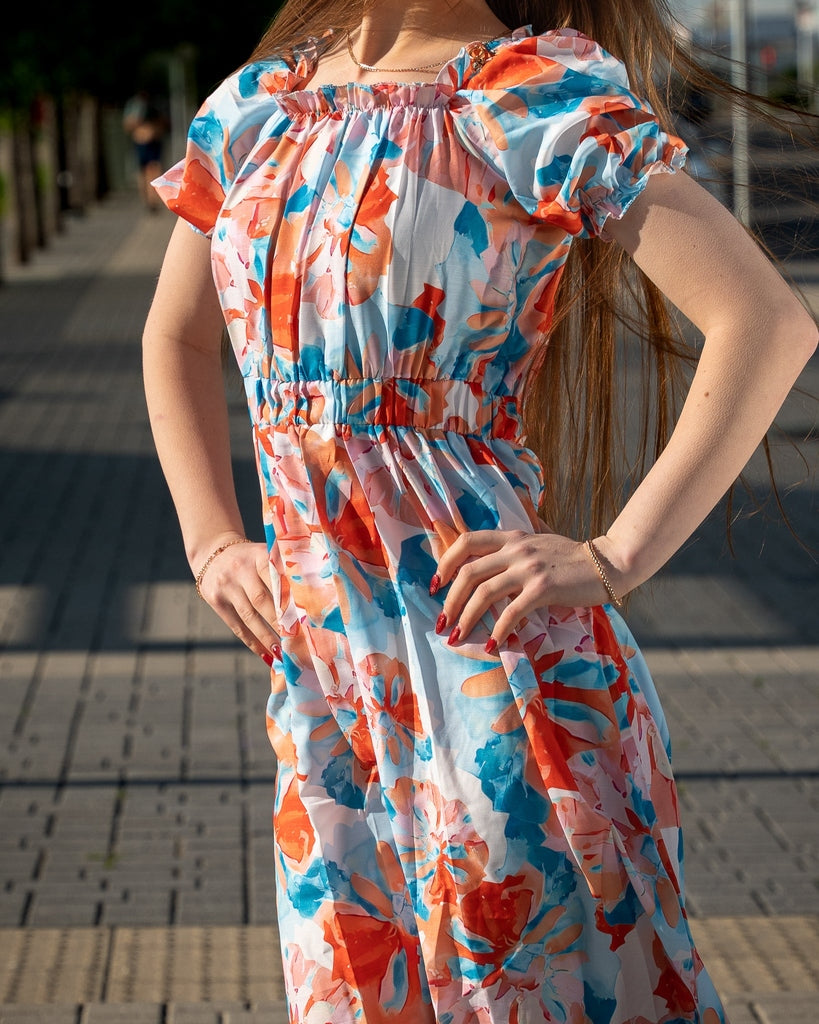 Blue and Orange Floral Midi Dress - Puff Sleeves
