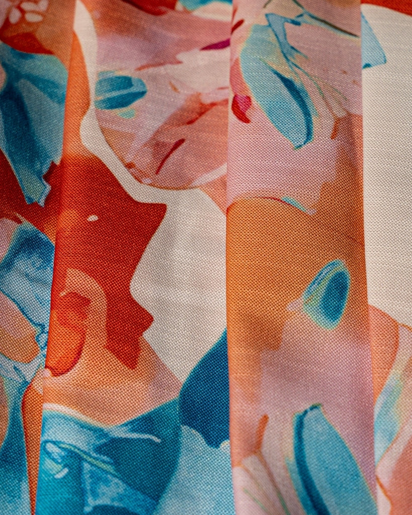 Blue and Orange Floral Midi Dress - Puff Sleeves