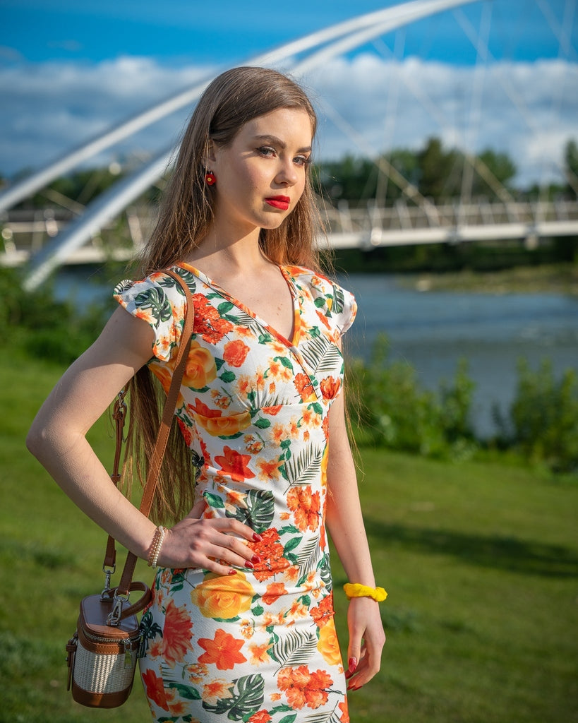 Yellow Floral Print Bodycon Mini Dress - Ruffle Sleeve