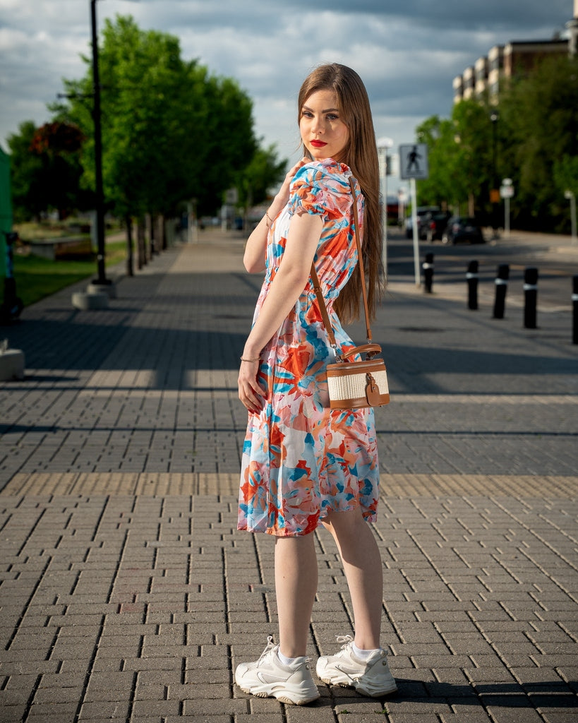 Blue and Orange Floral Midi Dress - Puff Sleeves