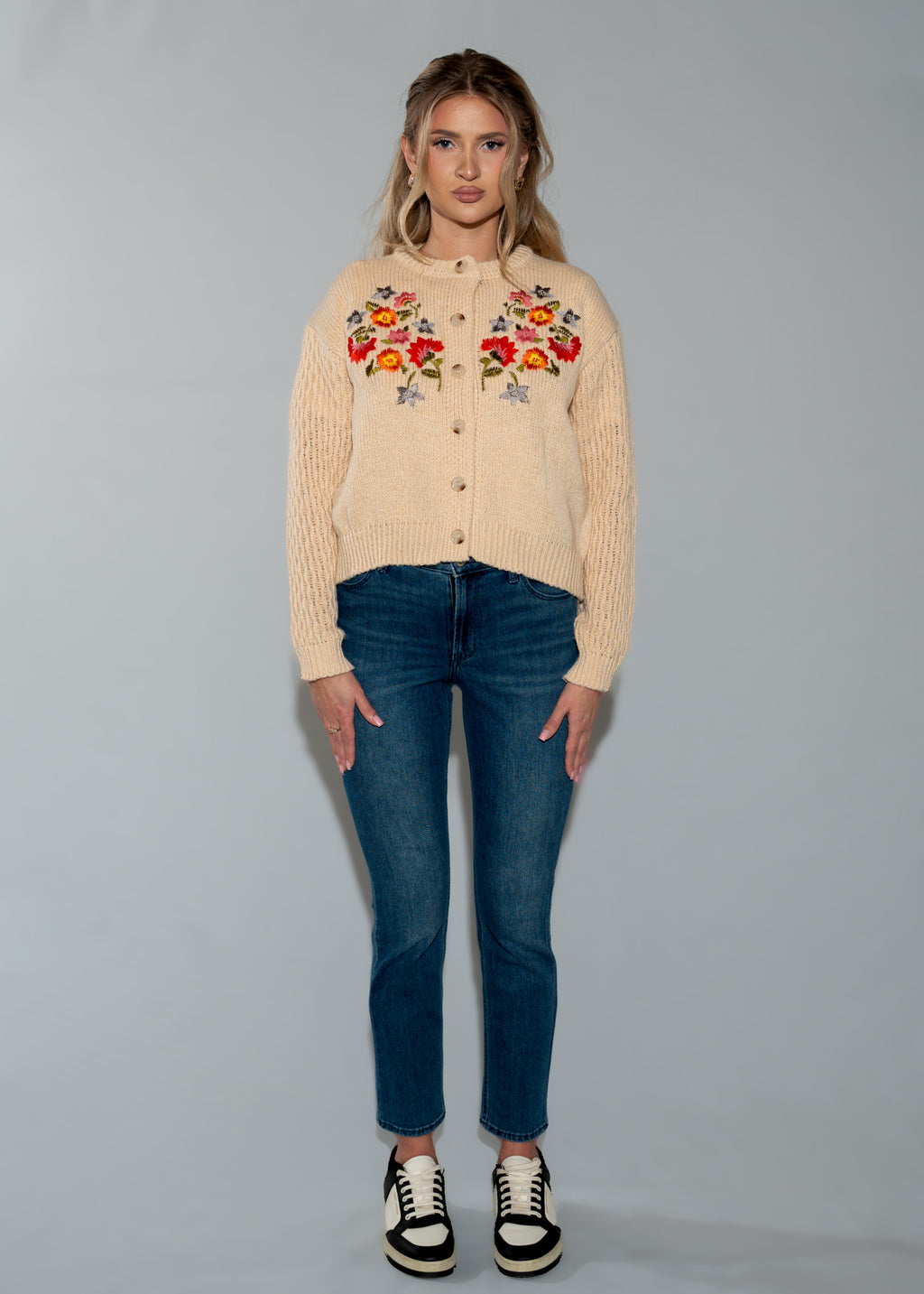Multicolor Floral Embroidery Beige Knit Cardigan Sweater