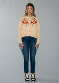 Multicolor Floral Embroidery Beige Knit Cardigan Sweater