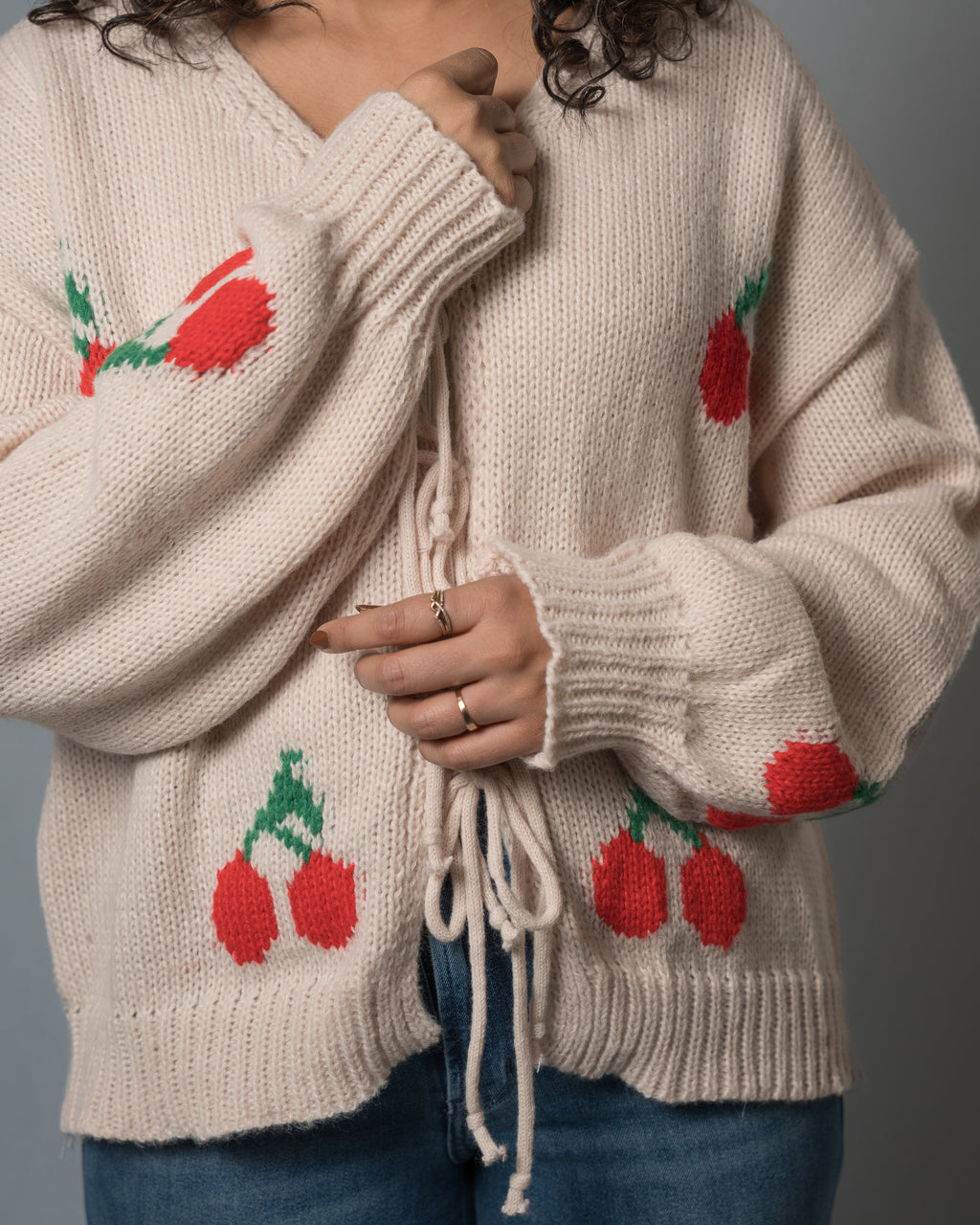 Women's Cherry Print Tie-Front Cardigan - V-Neck Knit Sweater