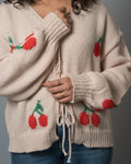 Women's Cherry Print Tie-Front Cardigan - V-Neck Knit Sweater