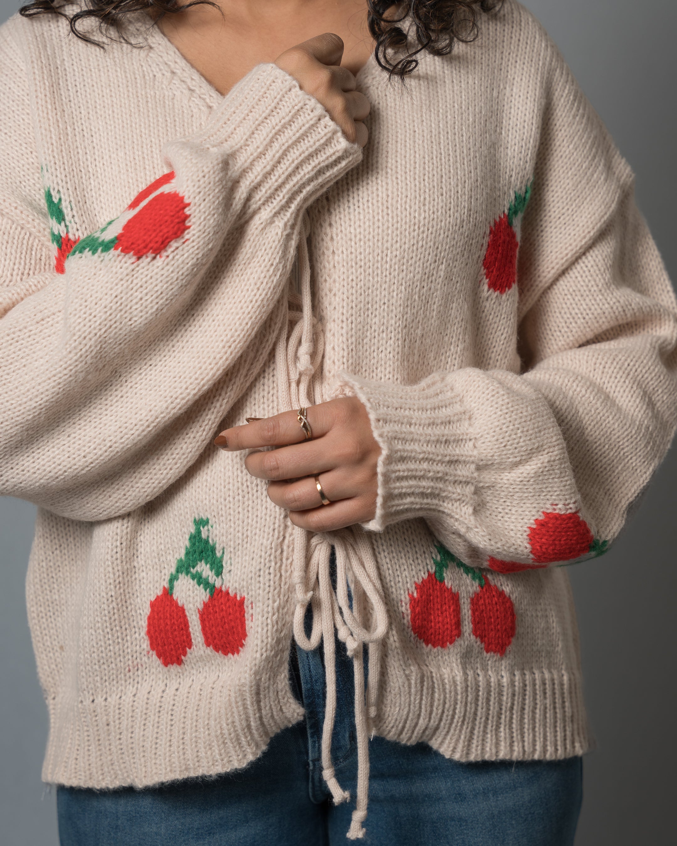 Women's Cherry Print Tie-Front Cardigan - V-Neck Knit Sweater