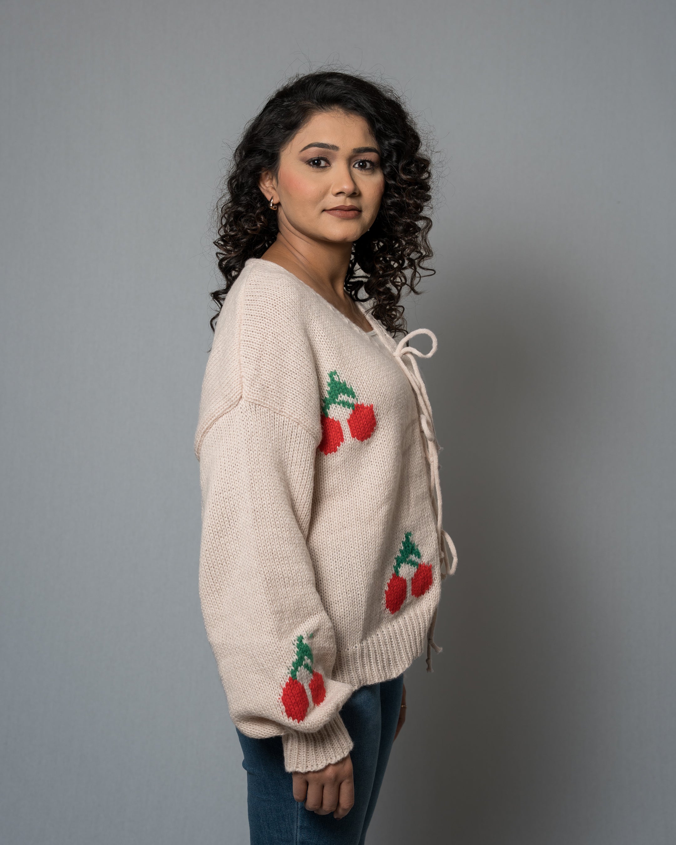 Women's Cherry Print Tie-Front Cardigan - V-Neck Knit Sweater