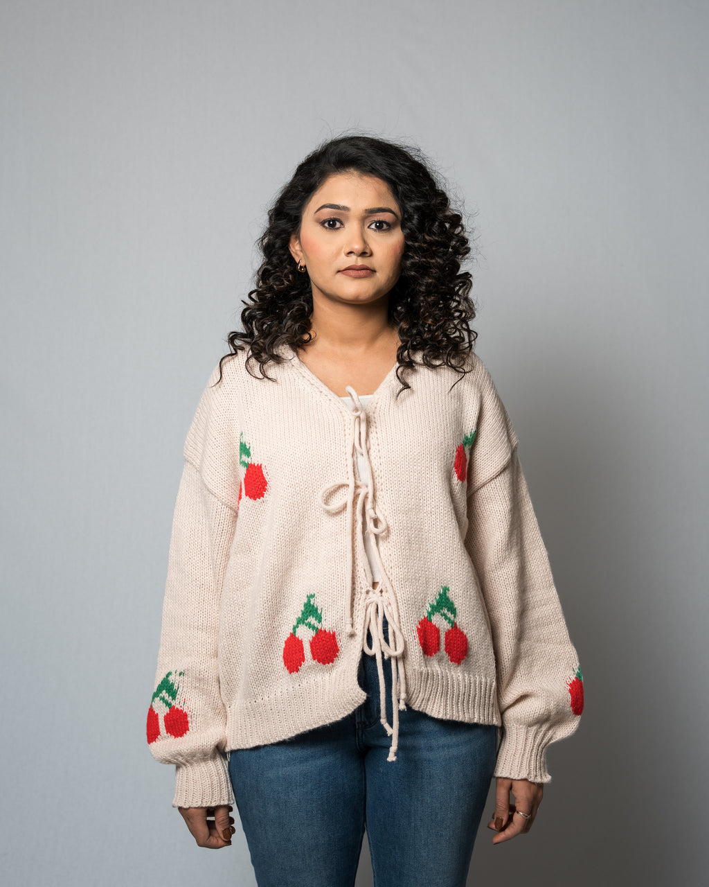 Women's Cherry Print Tie-Front Cardigan - V-Neck Knit Sweater