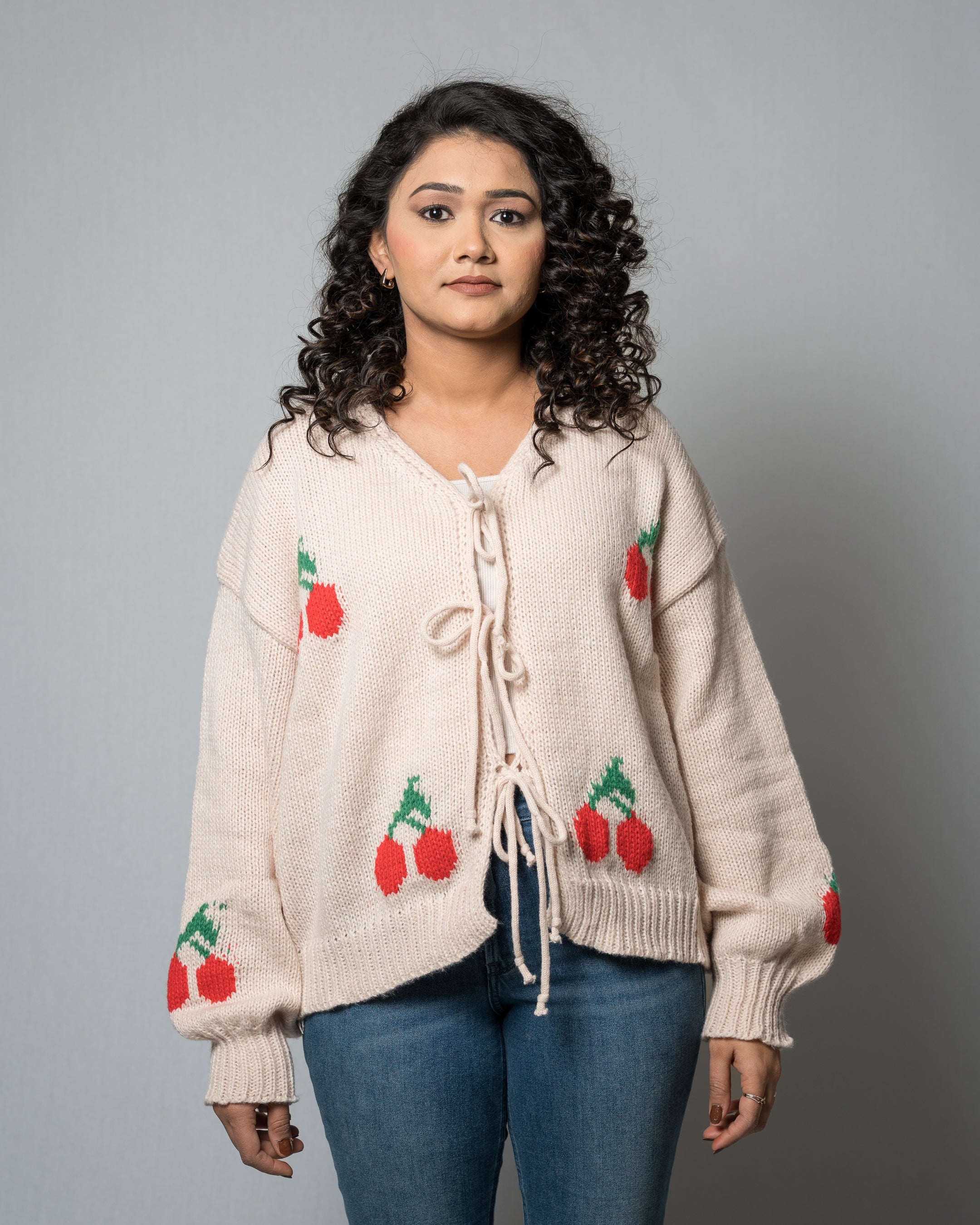 Women's Cherry Print Tie-Front Cardigan - V-Neck Knit Sweater