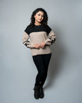 Women's Color Block Striped Sweater - Black & Beige Knit Pullover