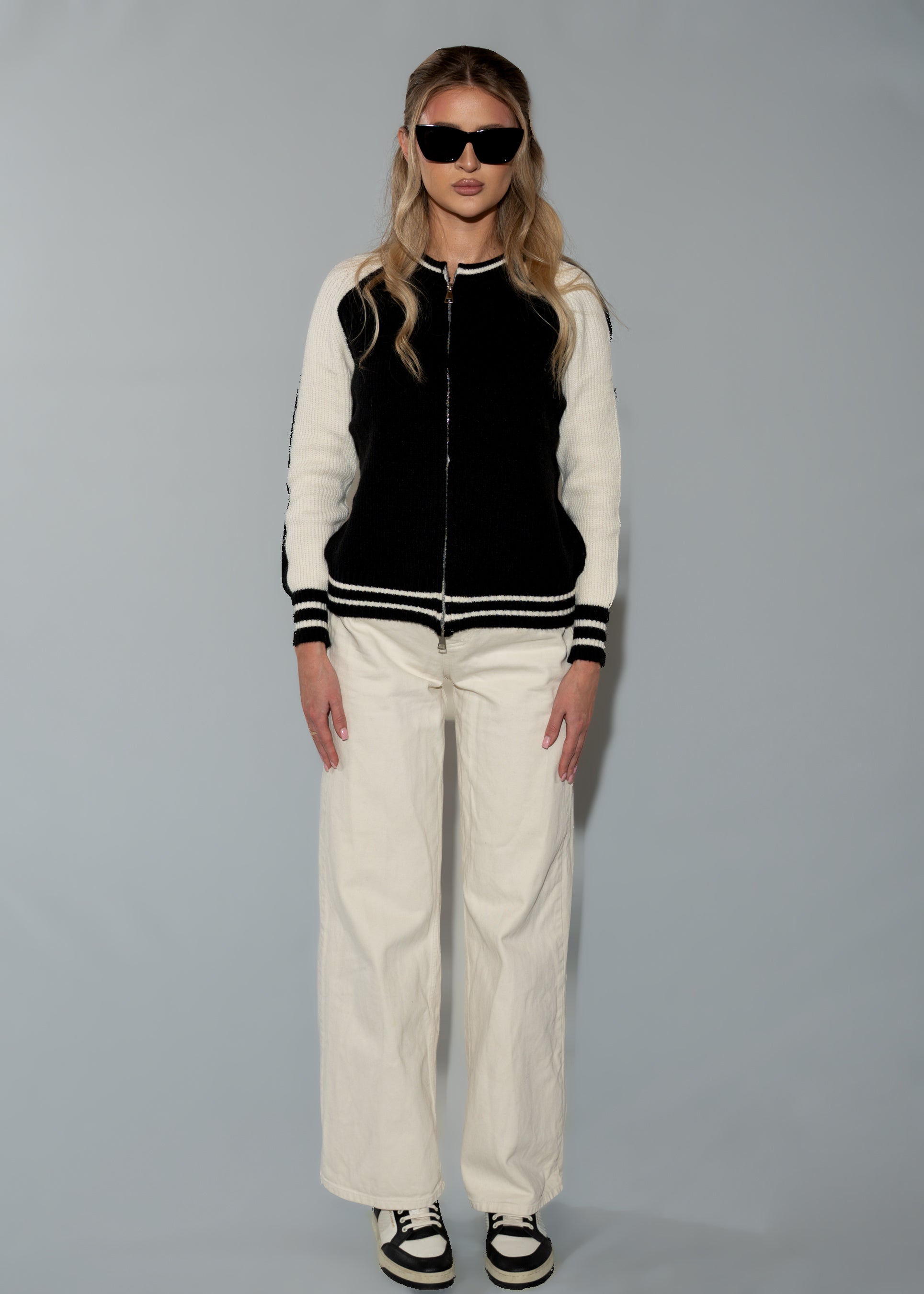 Black and Cream Color Knit Jacket with Zip