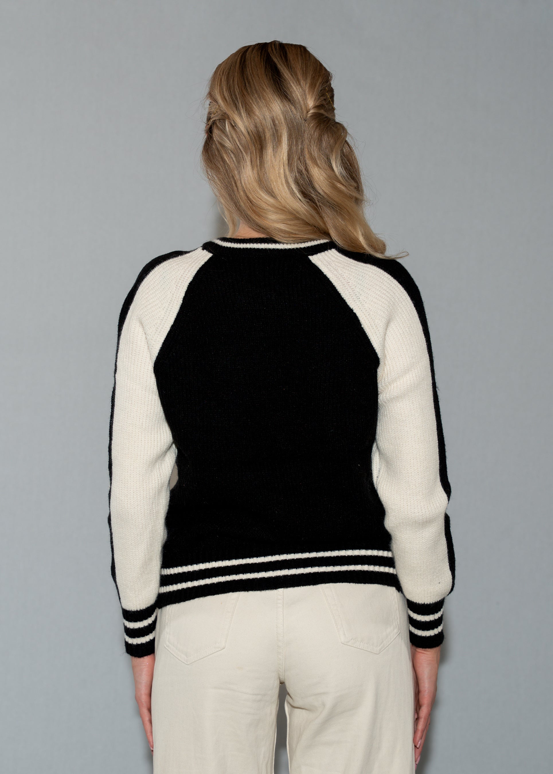 Black and Cream Color Knit Jacket with Zip