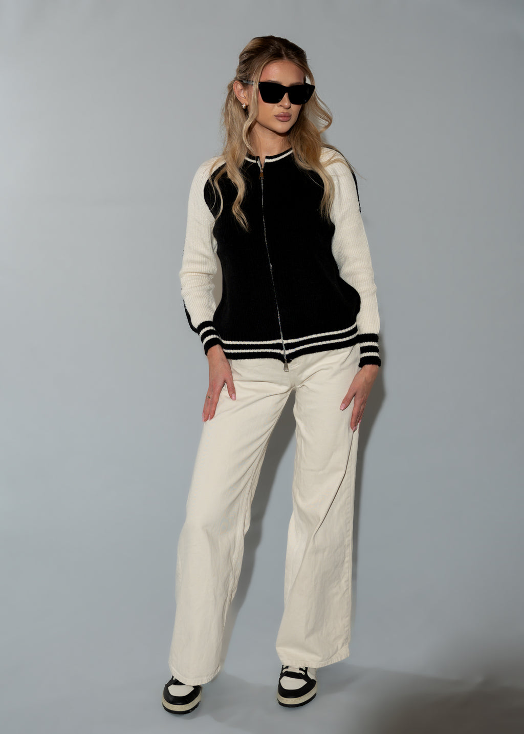 Black and Cream Color Knit Jacket with Zip