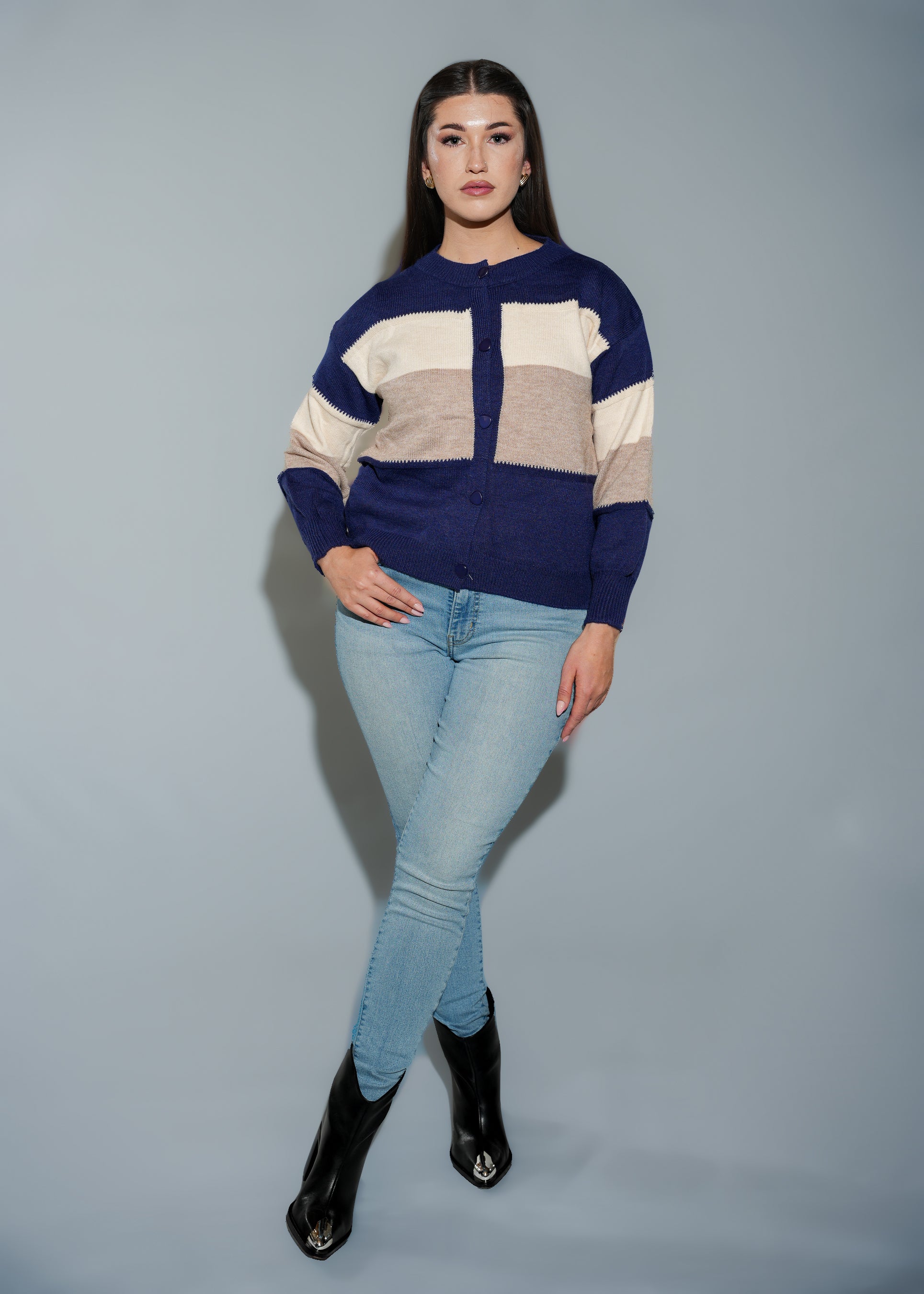 Navy Blue Cropped Knitted Cardigan Sweater with Cream and Beige Strips