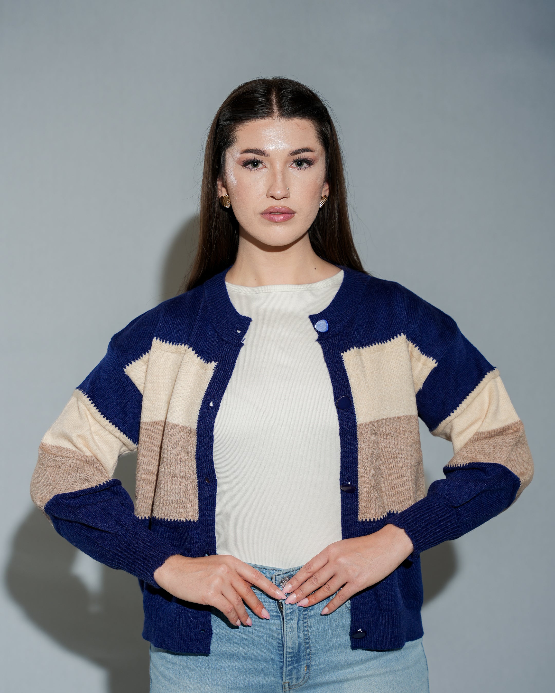 Navy Blue Cropped Knitted Cardigan Sweater with Cream and Beige Strips