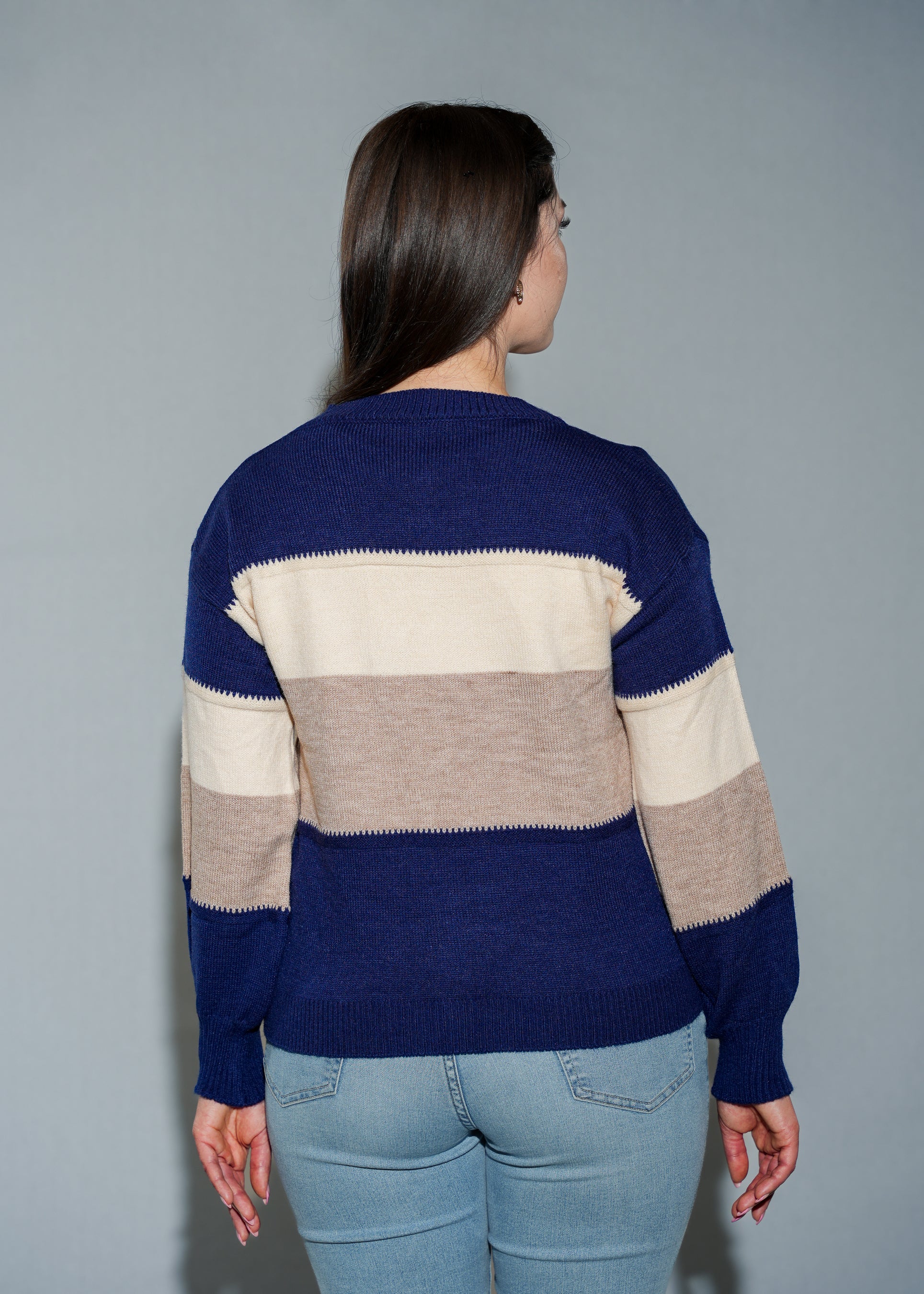 Navy Blue Cropped Knitted Cardigan Sweater with Cream and Beige Strips