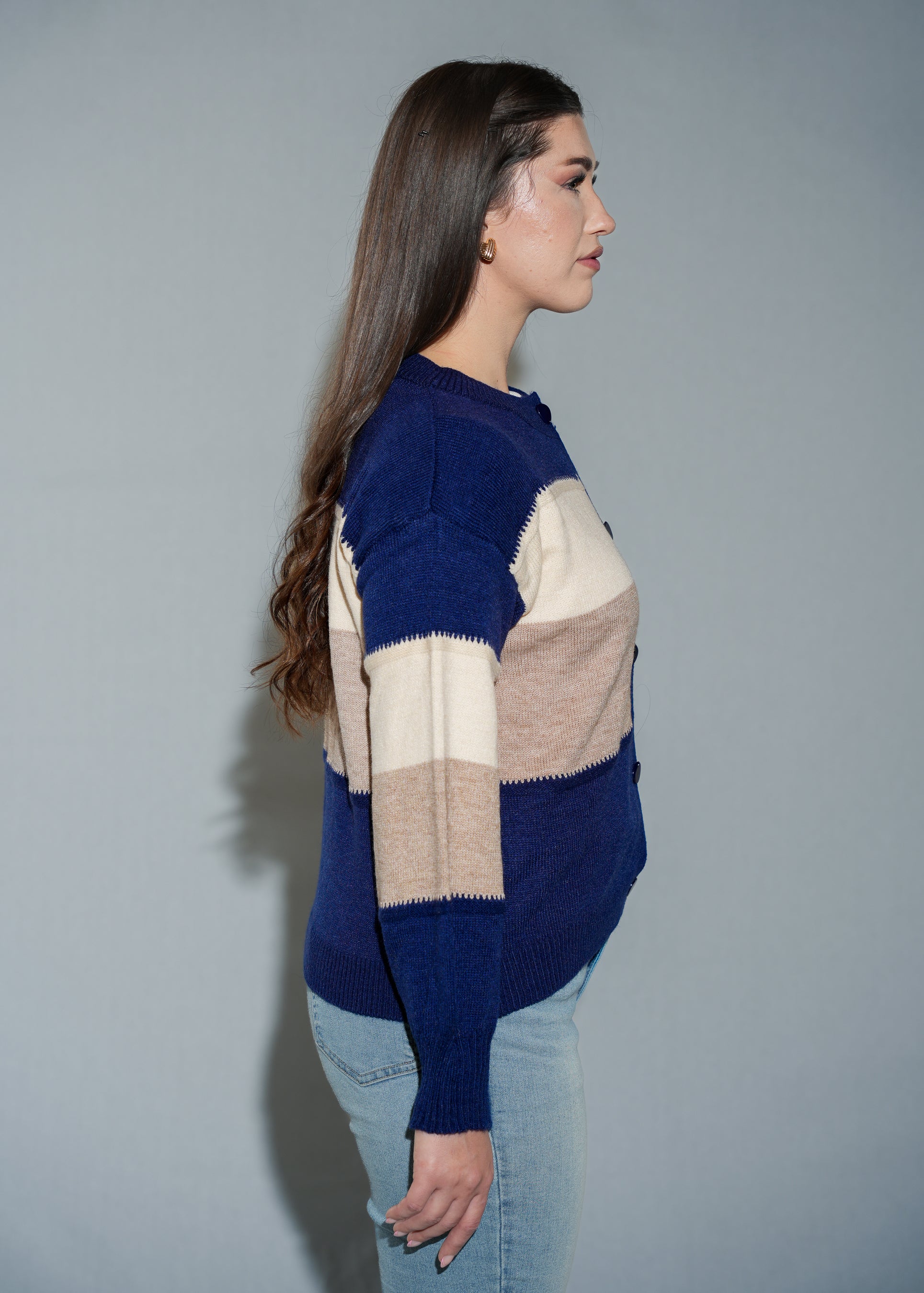 Navy Blue Cropped Knitted Cardigan Sweater with Cream and Beige Strips