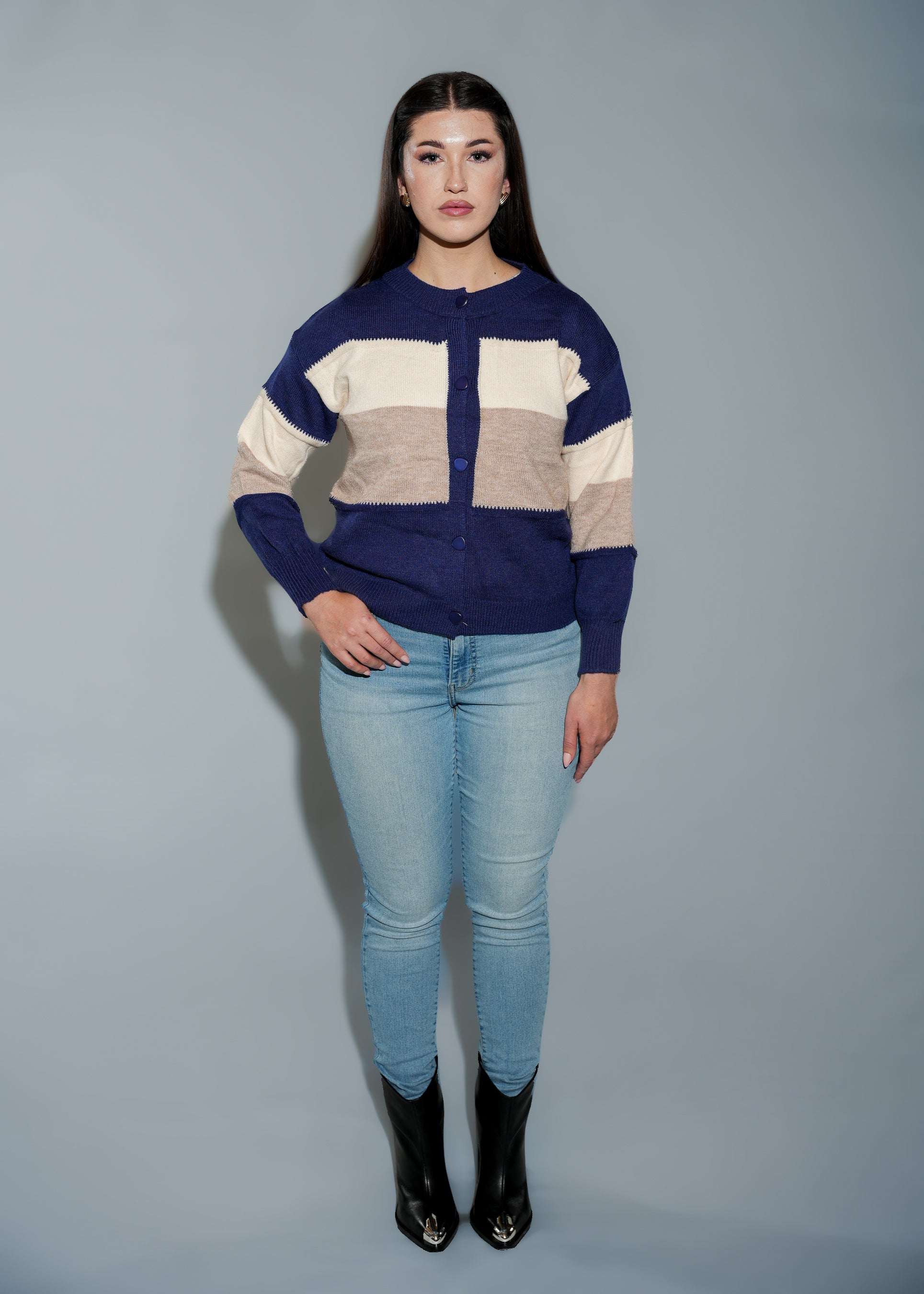 Navy Blue Cropped Knitted Cardigan Sweater with Cream and Beige Strips