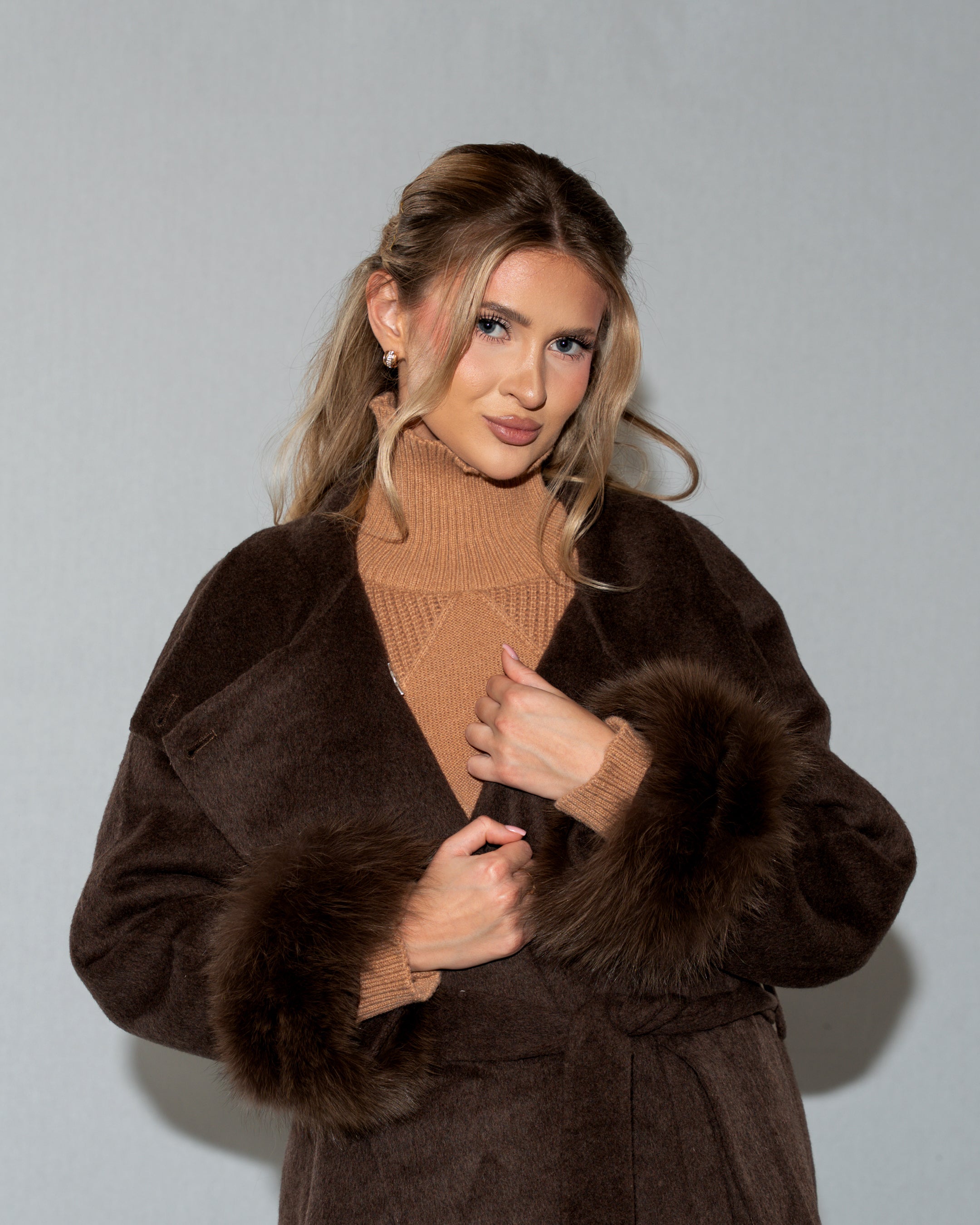 Women's Faux Fur Cuff Wool Blend Long Brown Coat - Belted Longline Winter Jacket