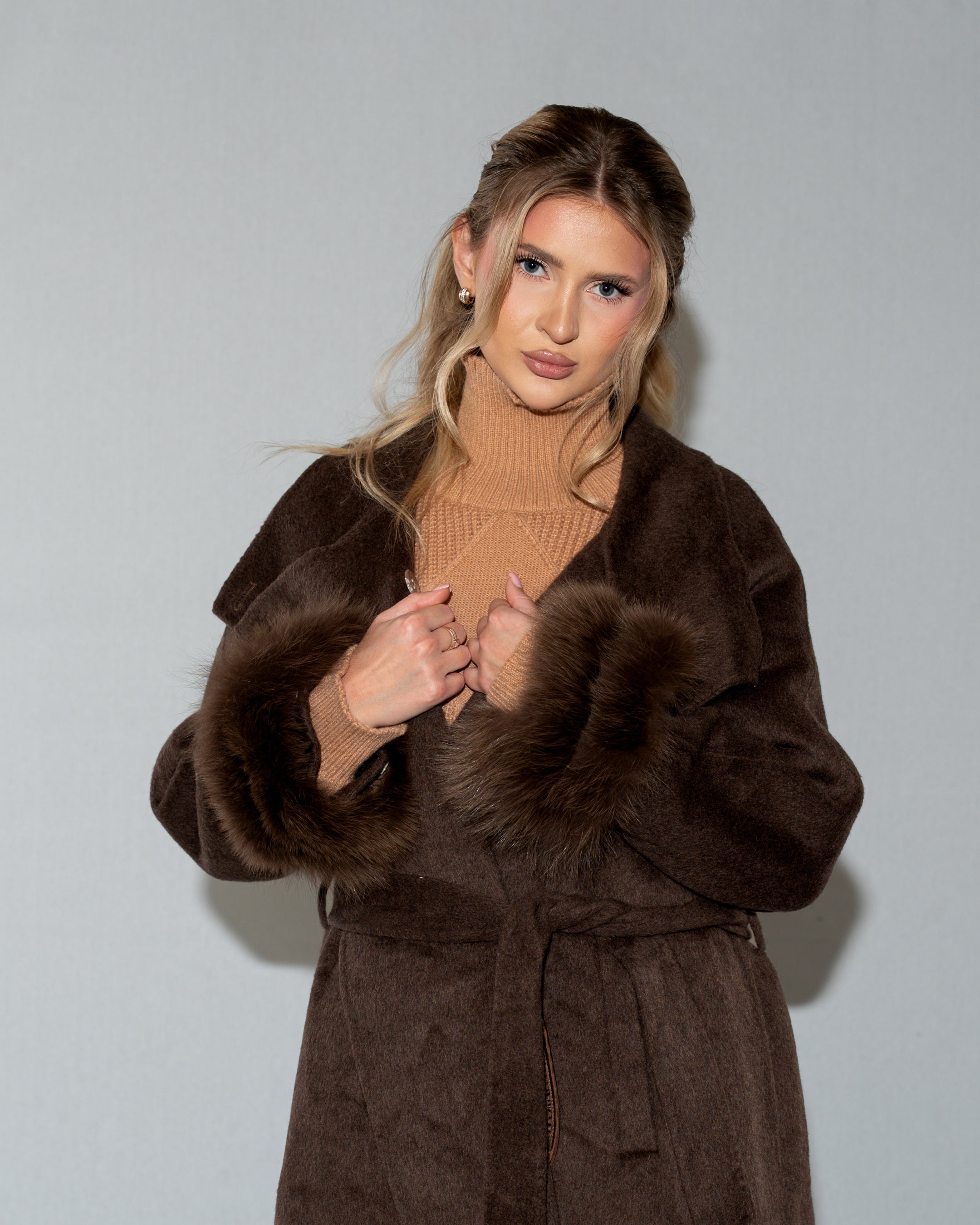Women's Faux Fur Cuff Wool Blend Long Brown Coat - Belted Longline Winter Jacket