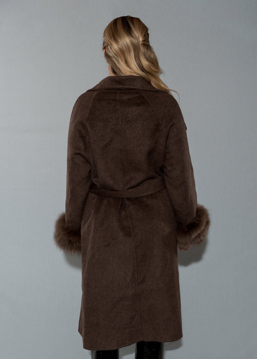 Women's Faux Fur Cuff Wool Blend Long Brown Coat - Belted Longline Winter Jacket