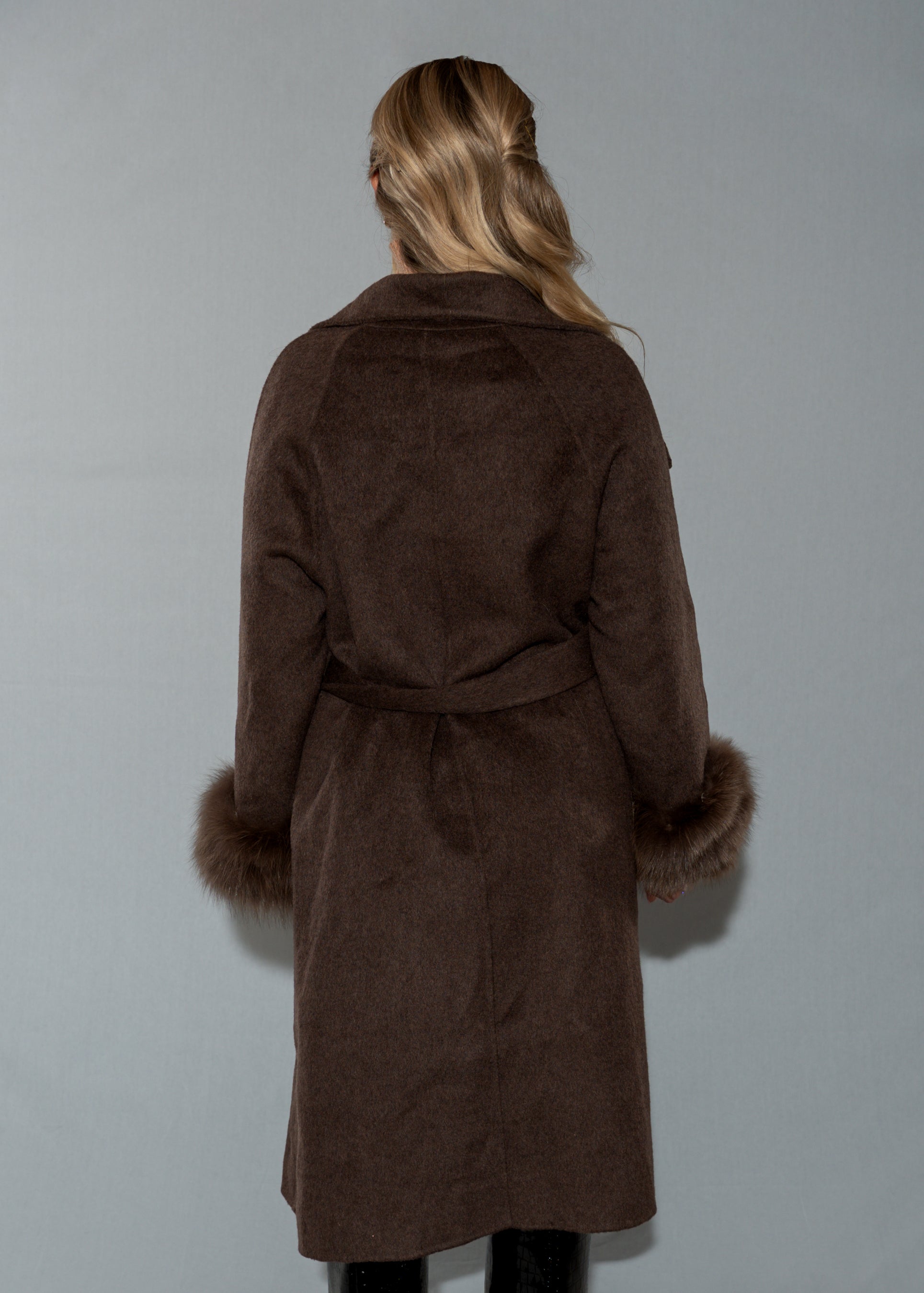 Women's Faux Fur Cuff Wool Blend Long Brown Coat - Belted Longline Winter Jacket