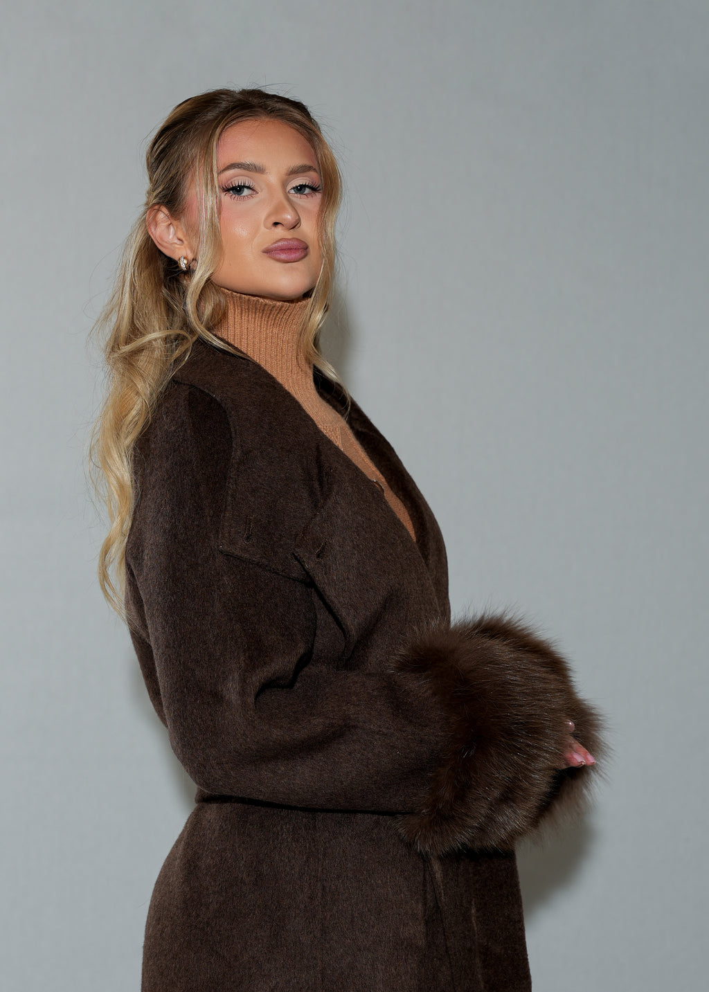 Women's Faux Fur Cuff Wool Blend Long Brown Coat - Belted Longline Winter Jacket