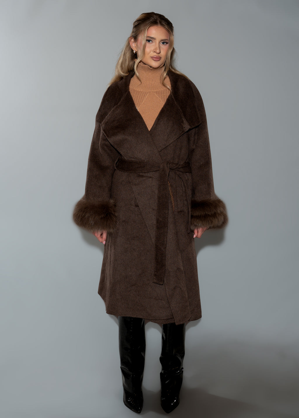 Women's Faux Fur Cuff Wool Blend Long Brown Coat - Belted Longline Winter Jacket