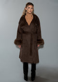 Women's Faux Fur Cuff Wool Blend Long Brown Coat - Belted Longline Winter Jacket