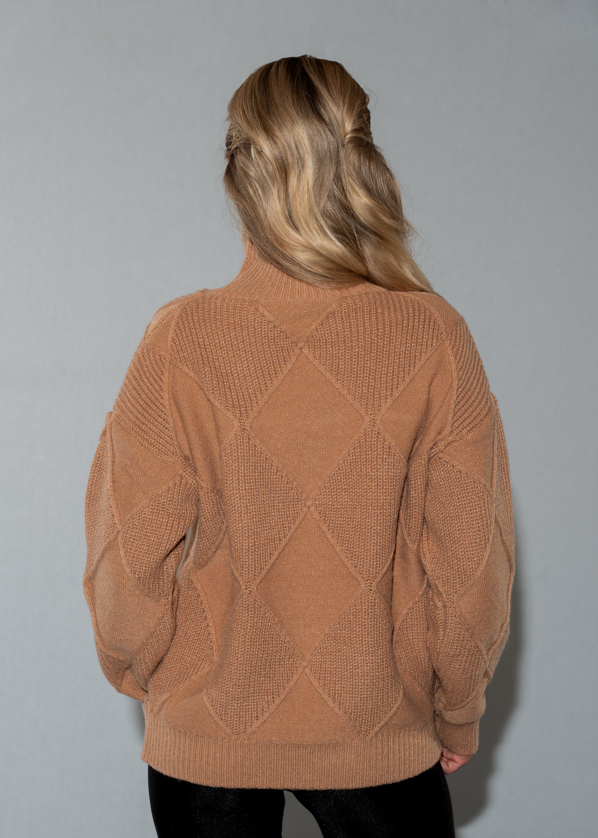 Women's Oversized Turtleneck Sweater Dress - Brown Argyle Knit Tunic