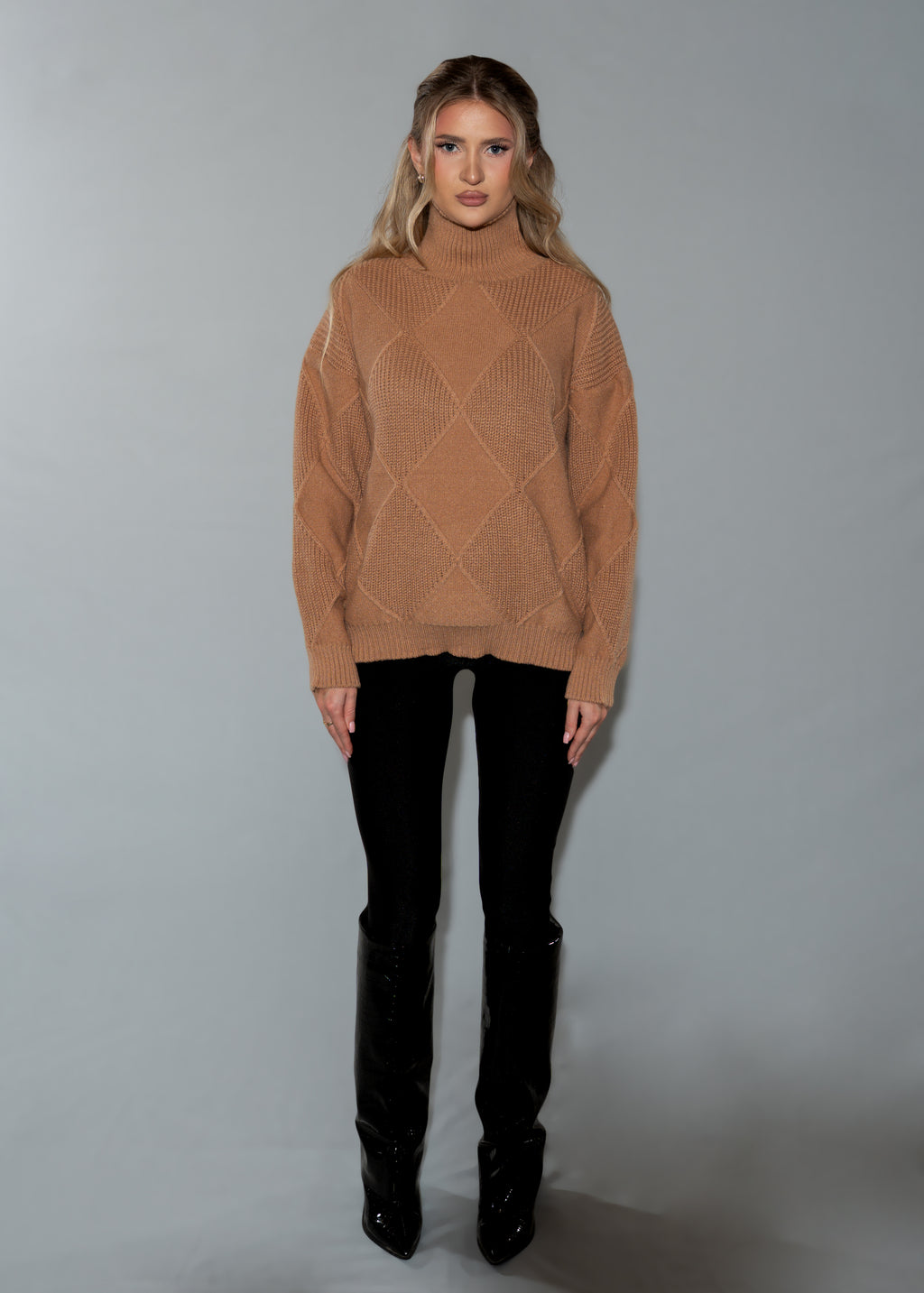 Women's Oversized Turtleneck Sweater Dress - Brown Argyle Knit Tunic