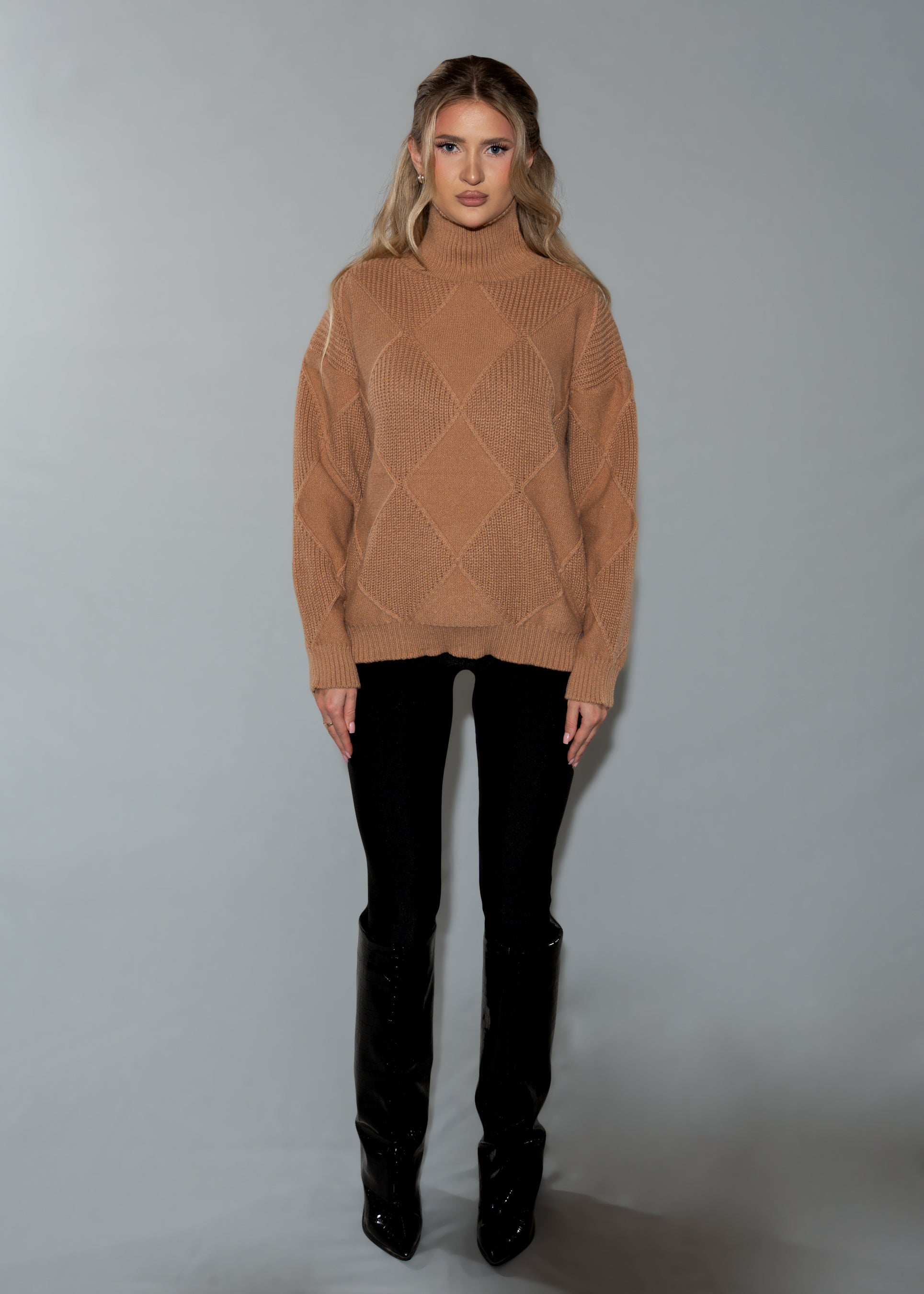 Women's Oversized Turtleneck Sweater Dress - Brown Argyle Knit Tunic