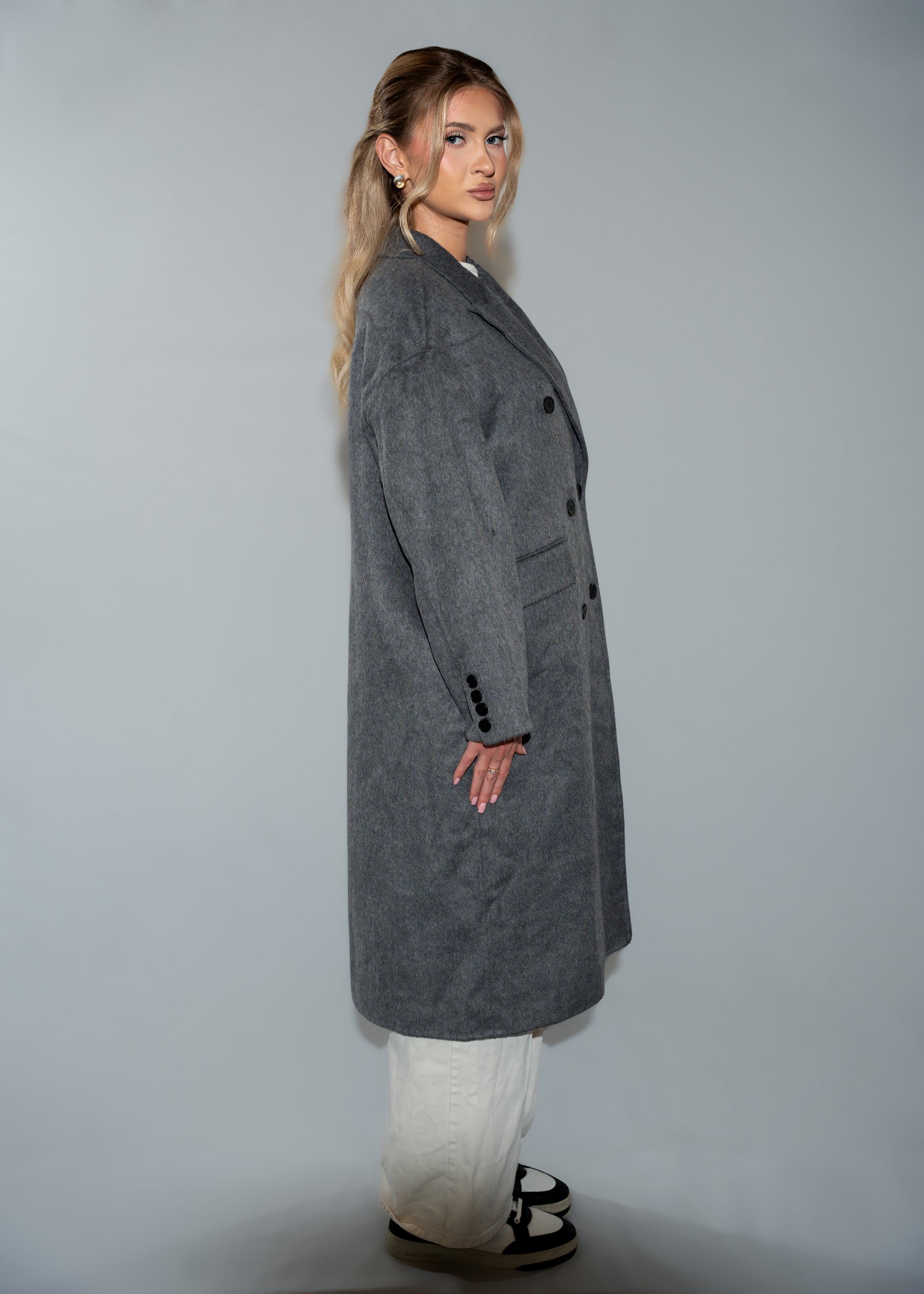 Women's Oversized Double-Breasted Wool Coat - Long Grey Winter Jacket