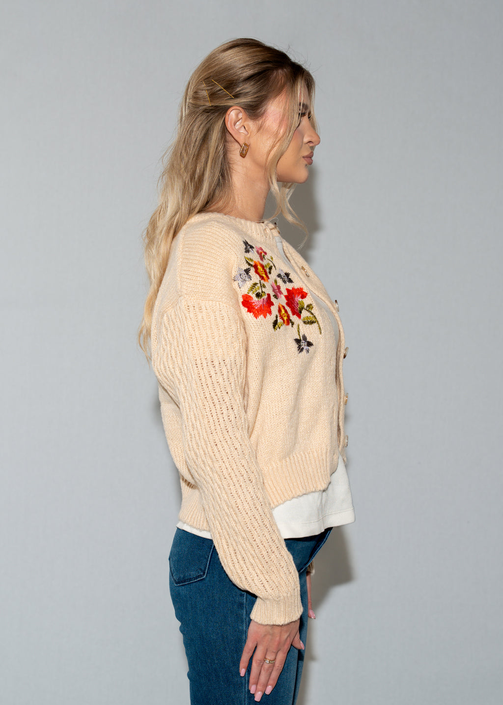 Multicolor Floral Embroidery Beige Knit Cardigan Sweater