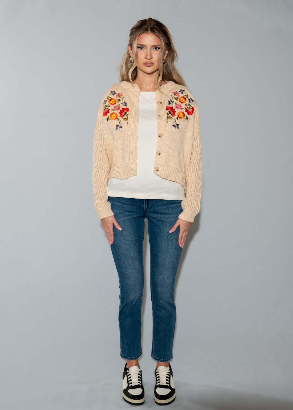 Multicolor Floral Embroidery Beige Knit Cardigan Sweater