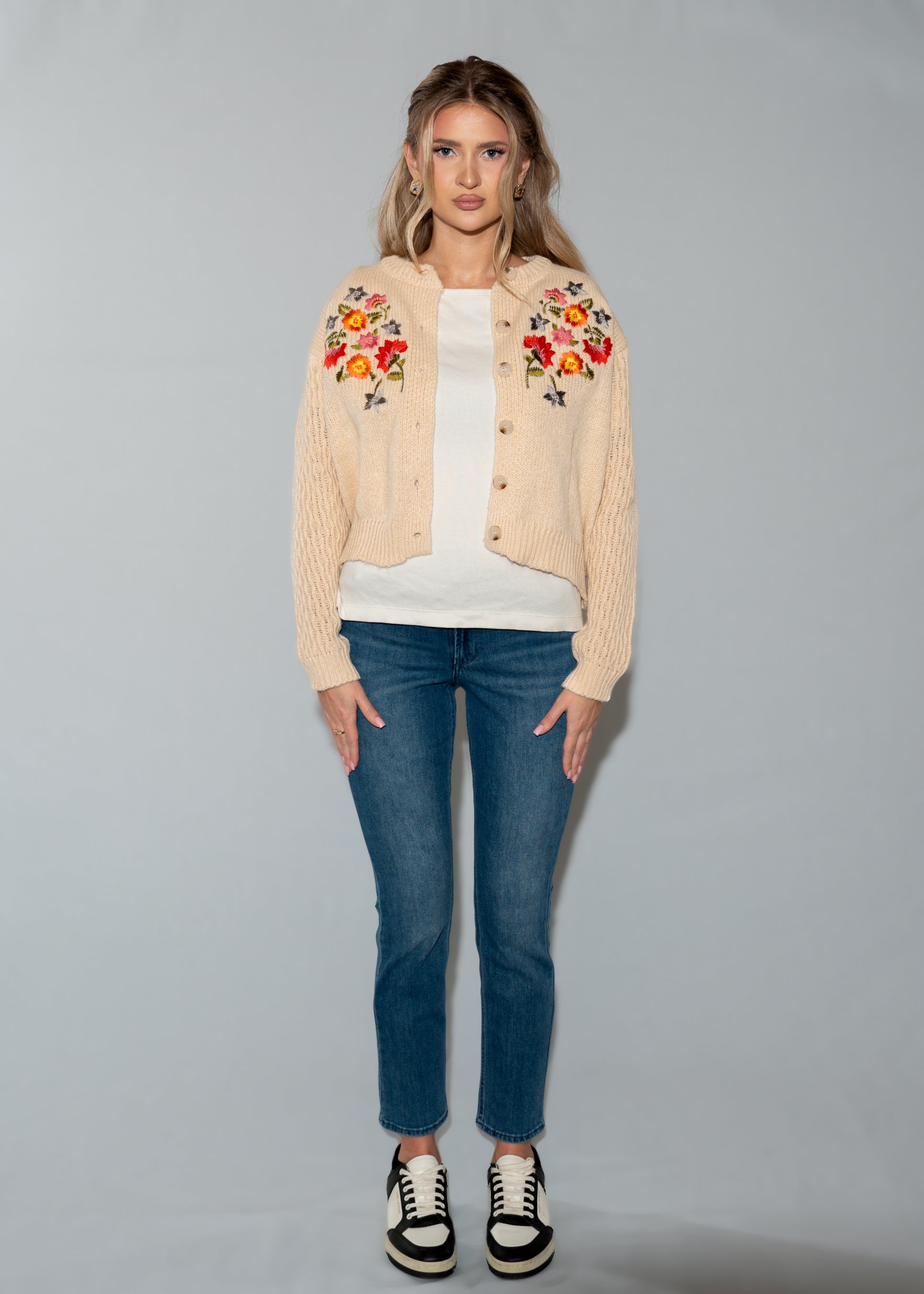 Multicolor Floral Embroidery Beige Knit Cardigan Sweater