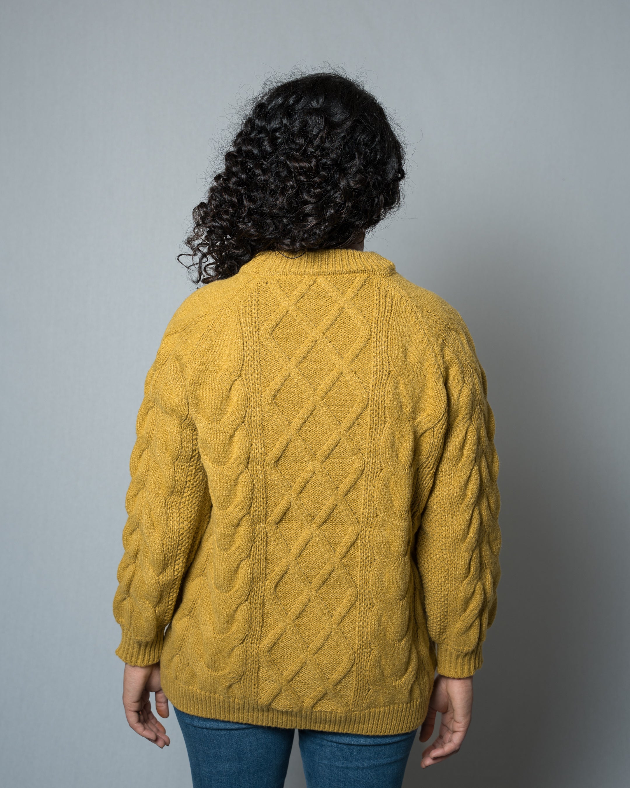Women's Mustard Cable Knit Sweater - Long Sleeve Crew Neck Pullover