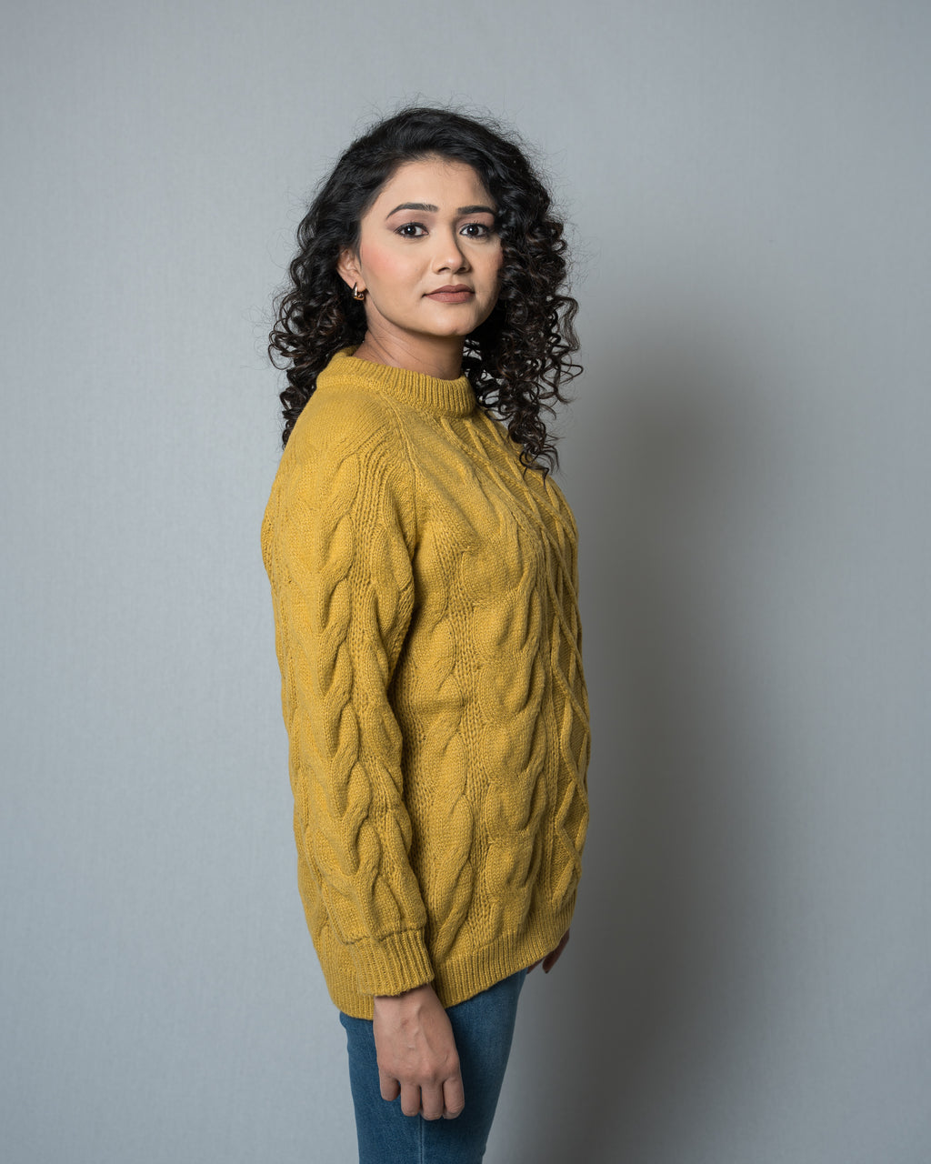 Women's Mustard Cable Knit Sweater - Long Sleeve Crew Neck Pullover