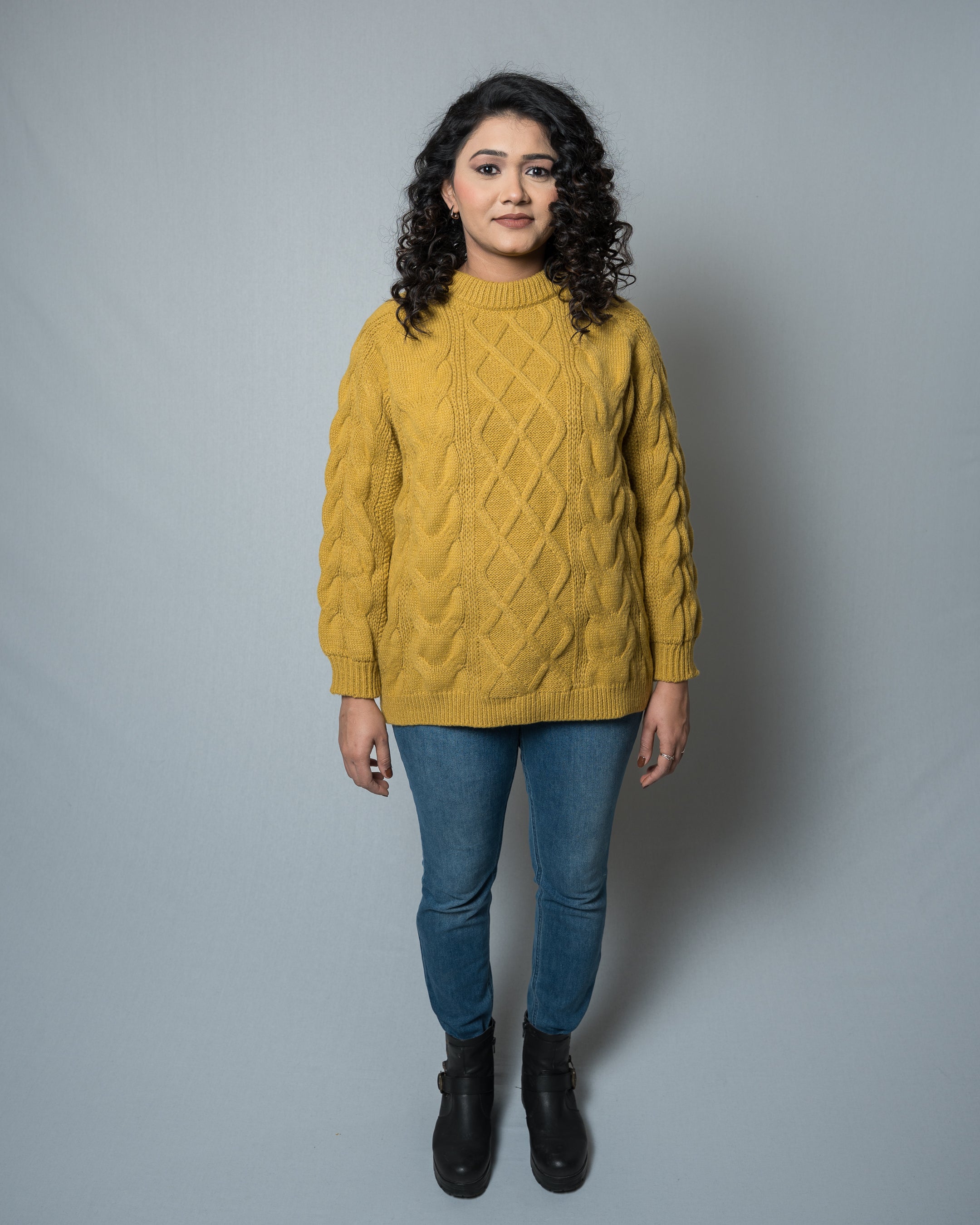 Women's Mustard Cable Knit Sweater - Long Sleeve Crew Neck Pullover