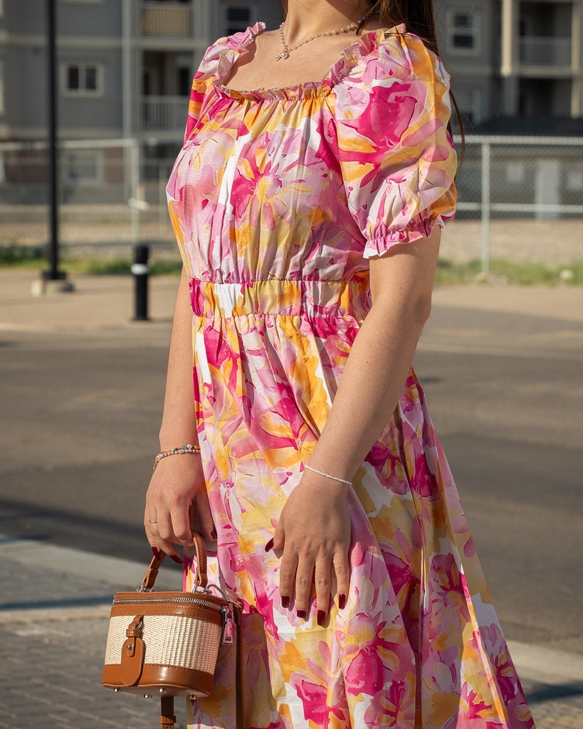 Pink And Orange Floral Midi Dress - Puff Sleeves Garvi Glimz Pink And Orange Floral Midi Dress - Puff Sleeves Garvi Glimz