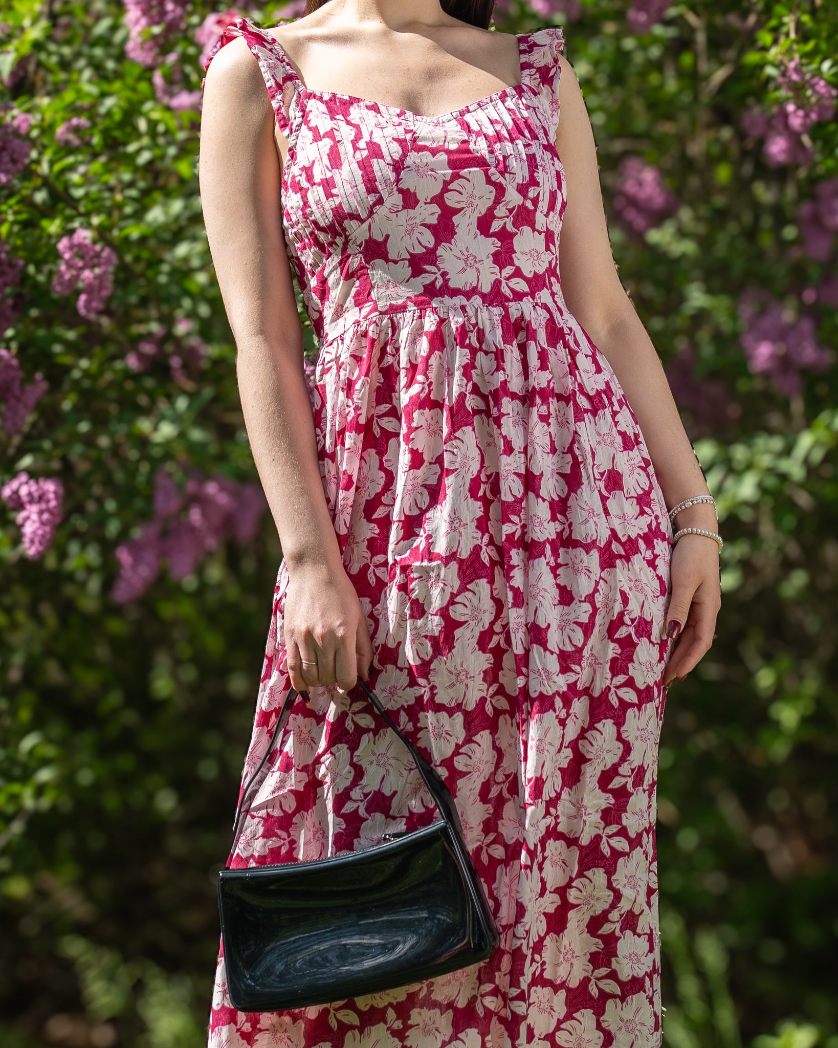 Dark Pink Floral Midi Dress - sleeveless