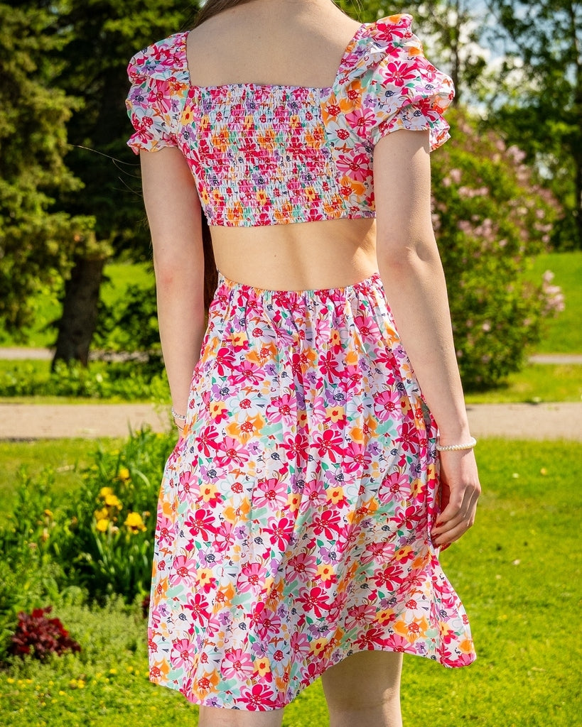 Multicolor Floral Short Dress - Puff Sleeves