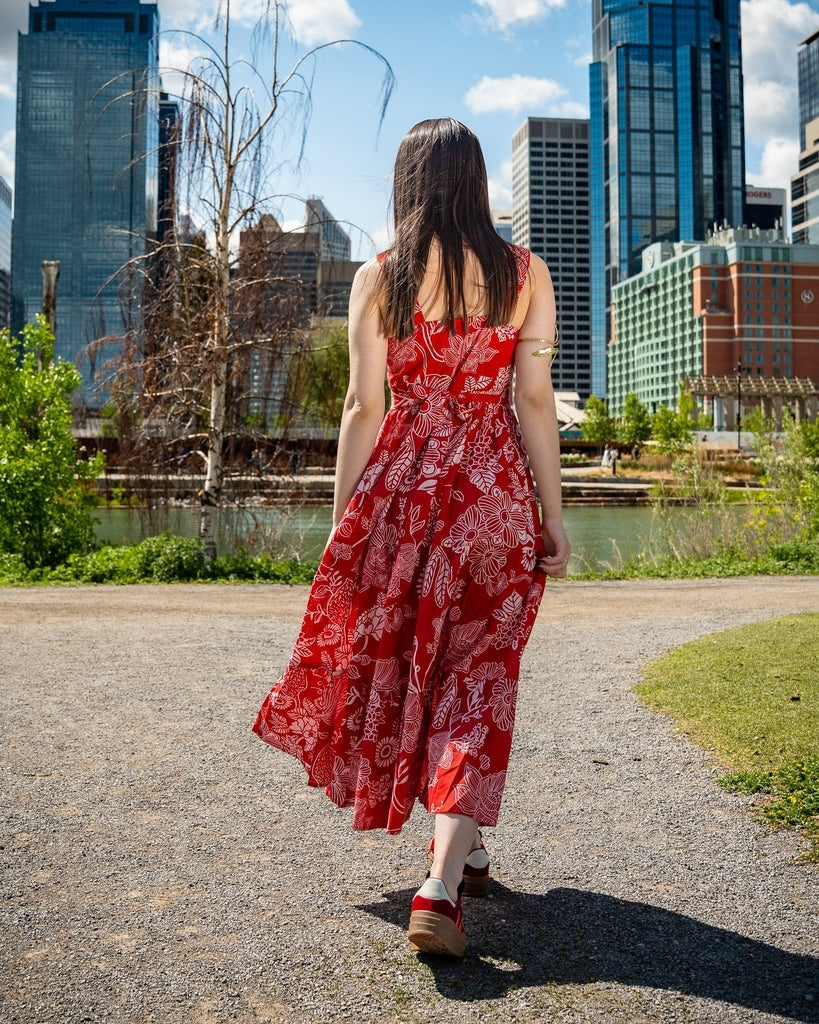 Red Floral Print Midi Dress - Sleeveless