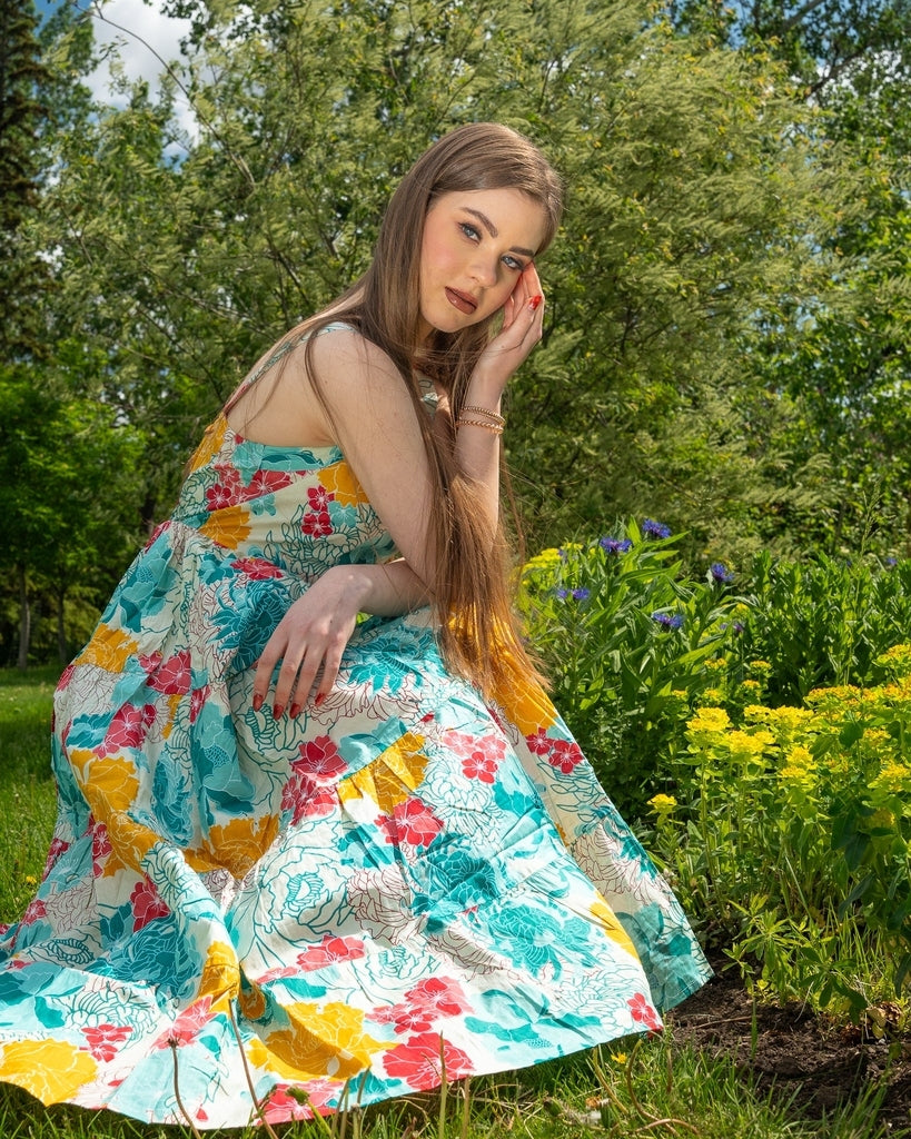 Green Leaves Print Midi Dress - Sleeveless