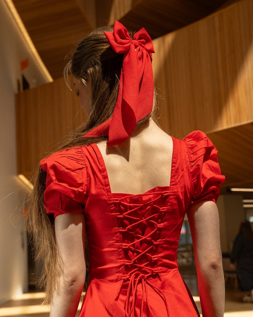 Red Plain Midi Dress - Puff Sleeves