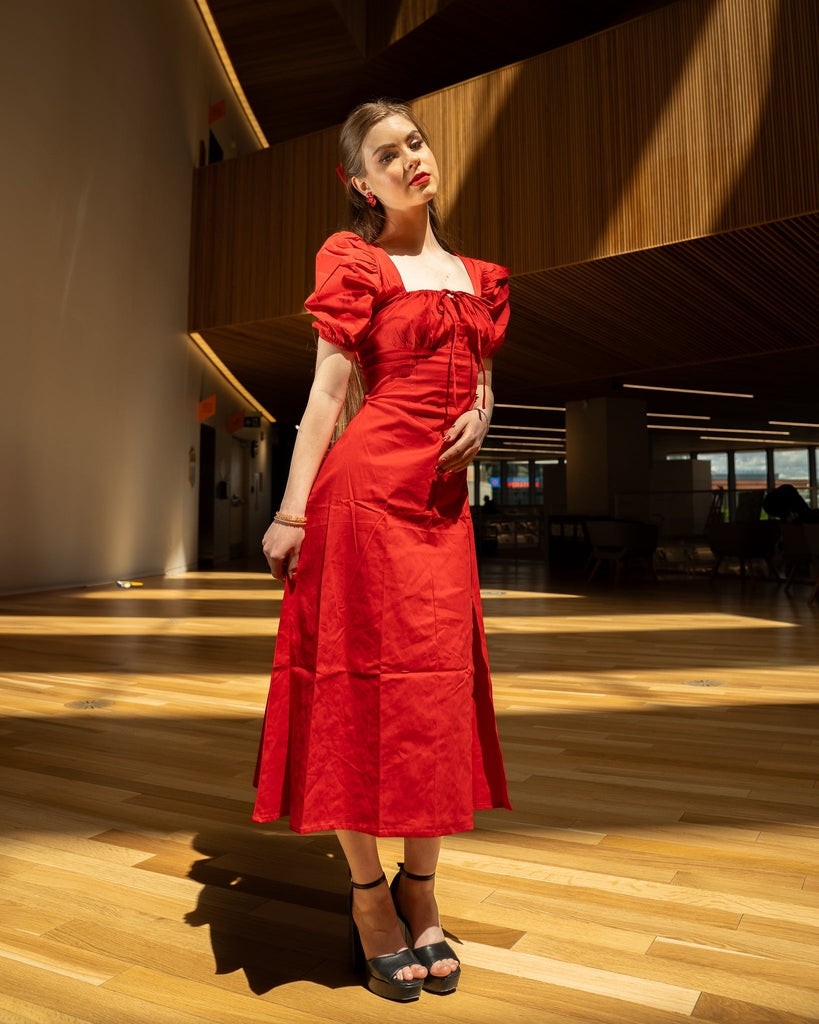 Red Plain Midi Dress - Puff Sleeves