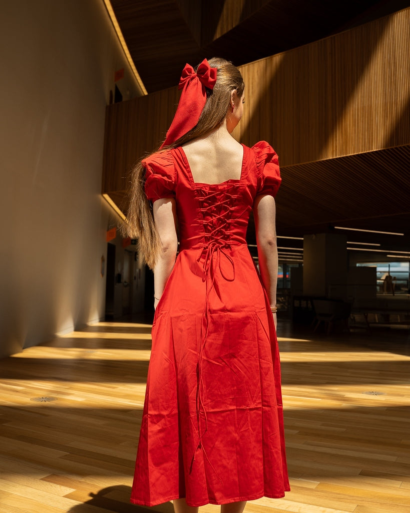 Red Plain Midi Dress - Puff Sleeves