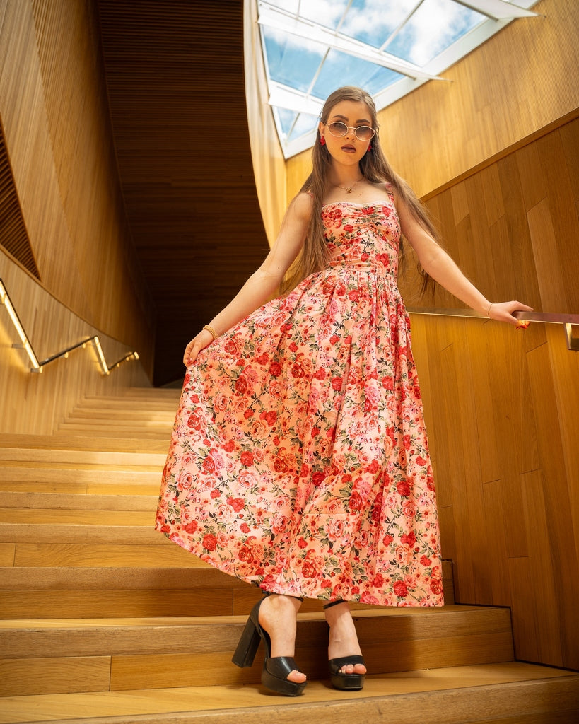 Pink Rose Print Midi Dress - Sleeveless