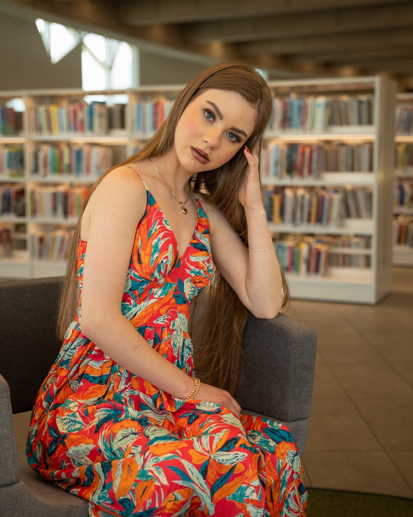 Tropical Leaves Print Long Dress - Sleeveless