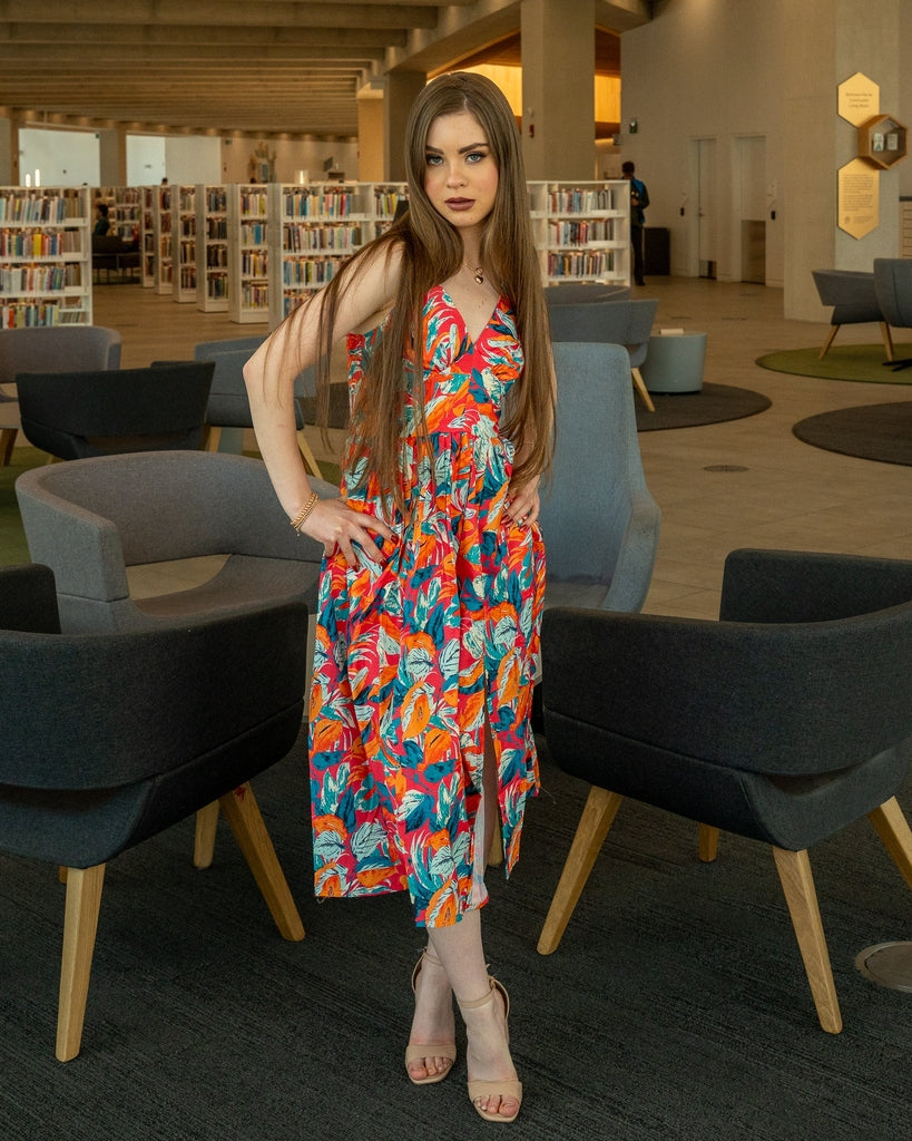 Tropical Leaves Print Long Dress - Sleeveless